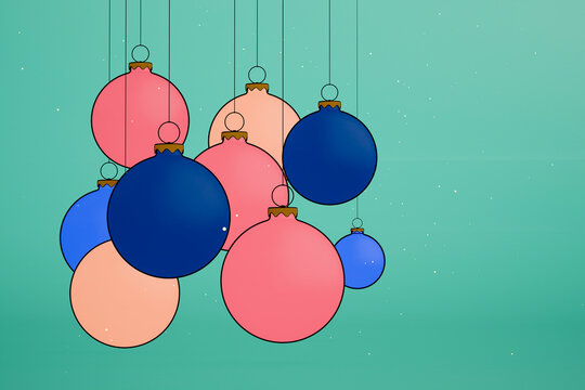Pastel Christmas baubles hanging on turquoise background with festive copy space illustration