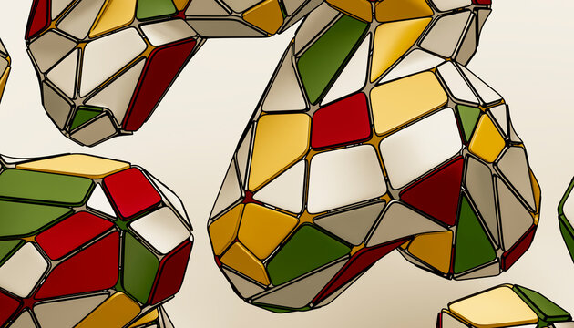 Broken tile geometry with floating red olive gold and ivory mosaic shapes illustration
