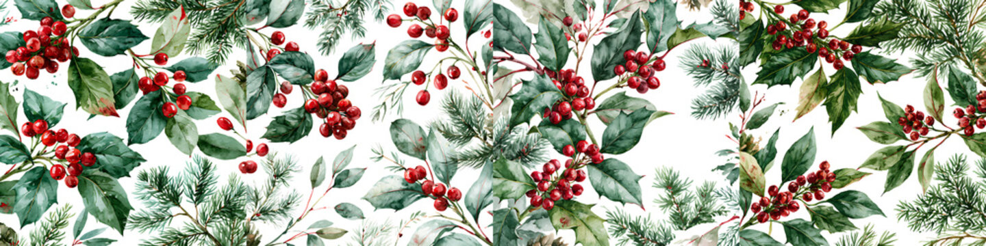 Watercolor christmas seamless pattern with holly berries and pine branches isolated on transparent background
