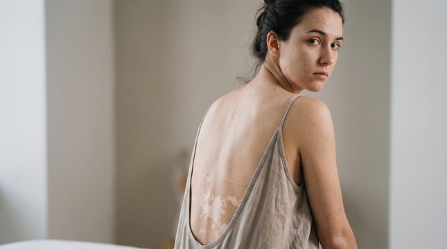 Rear view of young woman displaying vitiligo skin depigmentation patches on her back