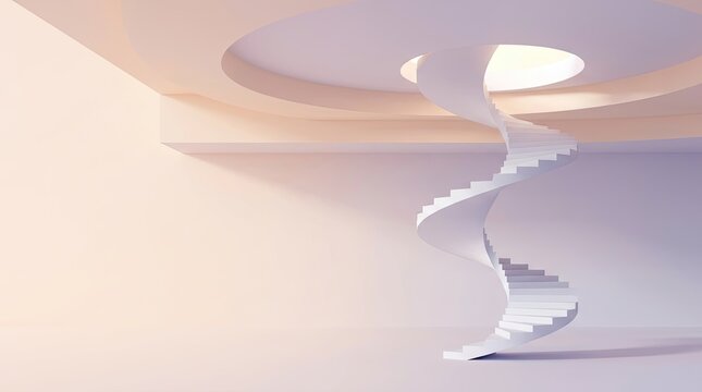 Minimalist white spiral staircase with soft lighting