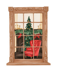 Fototapeta premium PNG Vintage window illustration featuring Christmas tree and red armchair