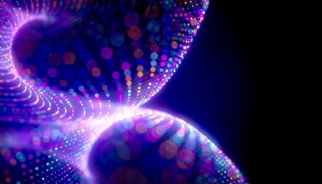 Abstract particle hourglass with luminous network curves and dark copy space illustration