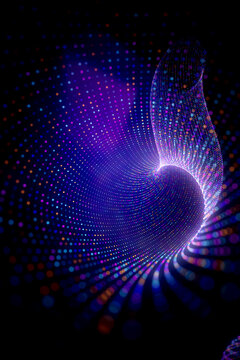 Vertical digital ribbon with glowing particle lattice and flowing neon data illustration