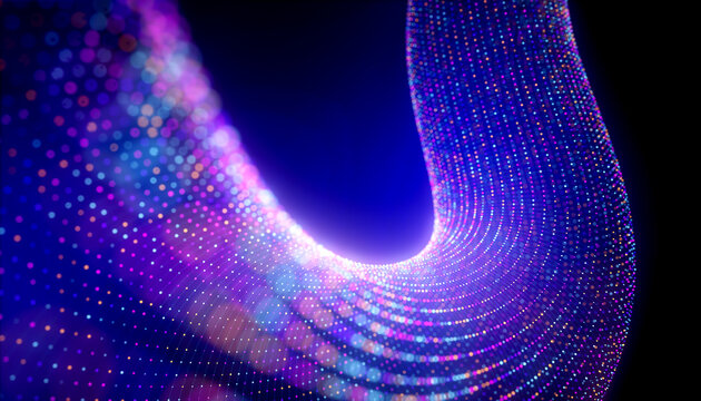 Curved data tunnel with glowing particle grid and deep blue technology background illustration