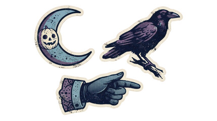 Fototapeta premium Halloween sticker set with a crescent moon pumpkin, a black raven on a branch, and a pointing witch hand isolated on transparent background