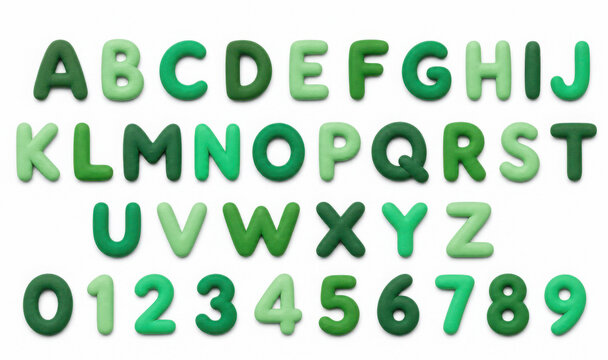 Complete alphabet and numbers made of green plastic toy letters arranged neatly generated using ai