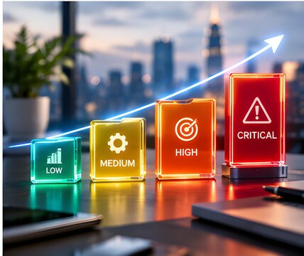 Risk assessment glass blocks displaying low medium high critical levels on desk with upward arrow line. Concept of business risk management, performance evaluation, and threat monitoring.