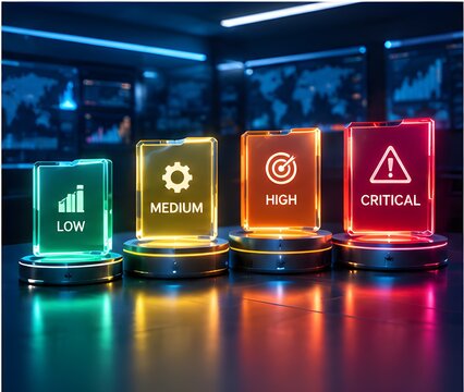 Data security risk levels illuminated glass pedestals low medium high critical in dark control room. Concept of cybersecurity audit, compliance management, and threat escalation assessment.