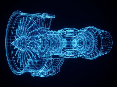Futuristic jet engine wireframe glowing in blue on black background, advanced aerospace engineering concept, digital turbine blueprint, aircraft propulsion technology, technical in