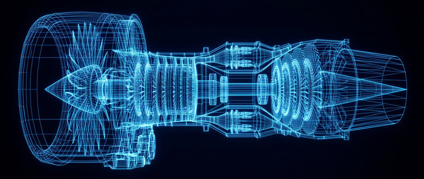 Futuristic jet engine wireframe glowing in blue on black background, advanced aerospace engineering concept, digital turbine blueprint, aircraft propulsion technology, technical in