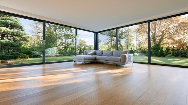 Wide-angle interior shot of a modern living room staged for sale, empty but inviting with light oak