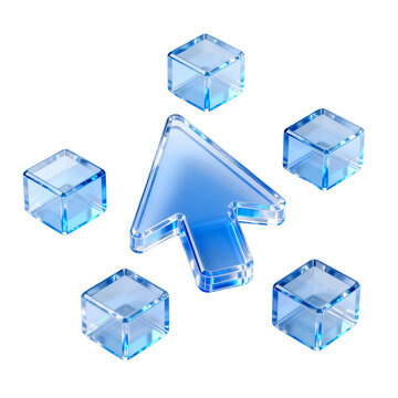 transparent glass cursor icon with surrounding cubic elements on white background