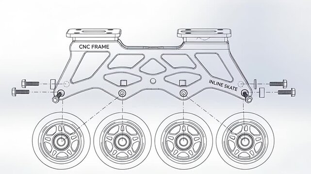 Technical CAD drawing animation of a four-wheel inline skate CNC frame assembly.