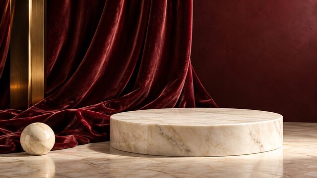 Circular beige marble platform features red velvet drapes and golden light for product display