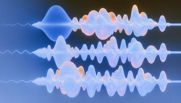 3D voice sound waves and digital audio frequency spectrum. Voice recognition signal and audio technology. Modulated sound waves propagating on blue background