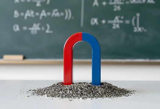 Attraction and magnetism concept, horseshoe magnet pulling metal shavings on a desk in a classroom with physics equations on a chalkboard