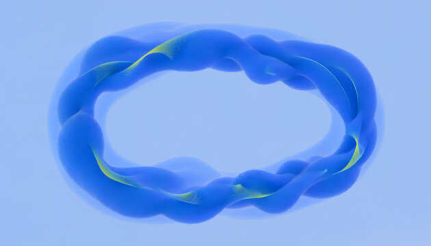 Abstract blue torus knot and continuous mobius strip. Infinite loop geometry and smooth 3D shape. Twisted ring floating serenely against a clean light blue background