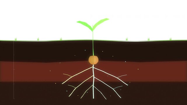 growing plant seedling with underground roots and soil layer animation loop