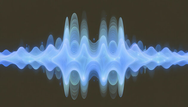 Symmetrical audio waveform spectrum visualization. Sound analysis and voice frequency measurement concept. Luminous blue sound waves vibrating rhythmically across dark space