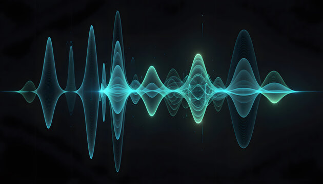Neon green digital audio waveform and frequency spectrum. Sound measurement and musical amplitude concept. Glowing oscillating wave lines pulsing across dark background