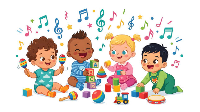 Diverse babies playing musical instruments with colorful toys on a black background