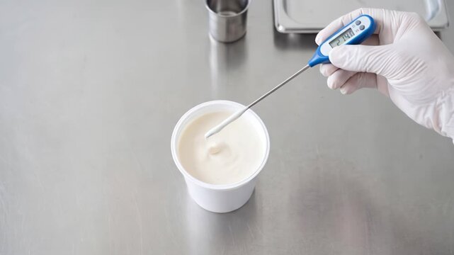 Hand in gloved holding digital thermometer and measuring yogurt temperature in white cup on metal table