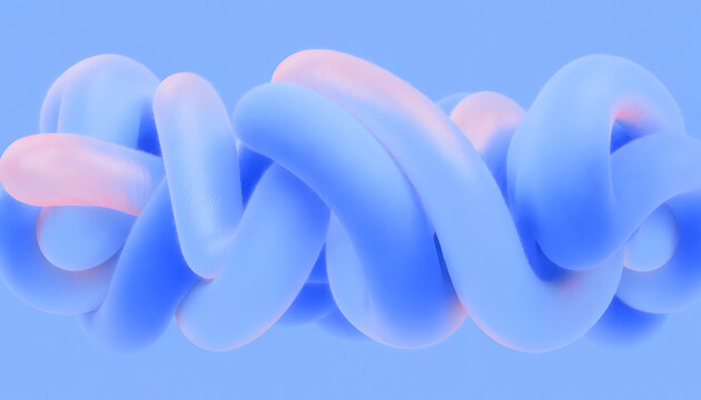 Abstract 3D blue twisted knot with soft pastel glow. Minimalist modern geometry and creative flow design. Smooth interlocking tubular shapes intertwining on studio background