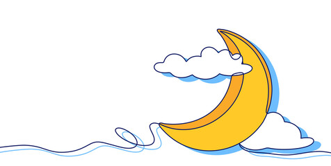 A colorful cartoon illustration of a crescent moon surrounded by clouds, with space for text © SasubuArt