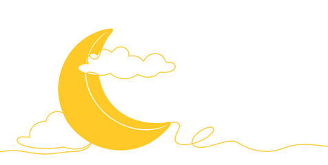 Flat line art illustration of a crescent moon surrounded by clouds, with space for text. yellow color design concept © SasubuArt