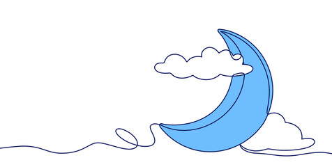 Line art illustration of a crescent moon surrounded by clouds, with space for text. blue color design concept © SasubuArt