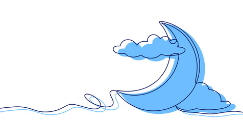 A crescent moon surrounded by clouds, with space for text. A continuous line art illustration featuring a blue silhouette © SasubuArt
