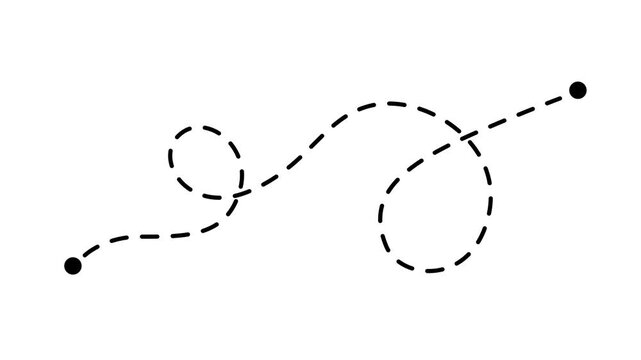 Black dashed loopy travel path animation, motion graphics of organic map route info