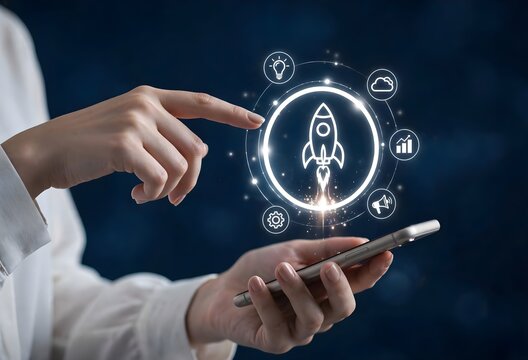 Hands holding smartphone with glowing rocket launch icon