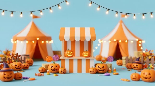 3D illustration of a festive Halloween carnival market stall with striped awning, surrounded by glowing Jack-o'-lantern pumpkins, circus tents, candies, and fairy lights on a blue background.