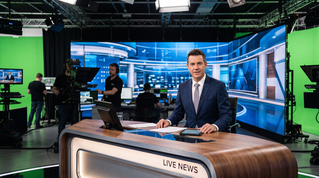 Male television presenter in a modern news studio with illuminated screens and chroma key backgrounds, symbolizing broadcast journalism, live reporting, media production, and television news.