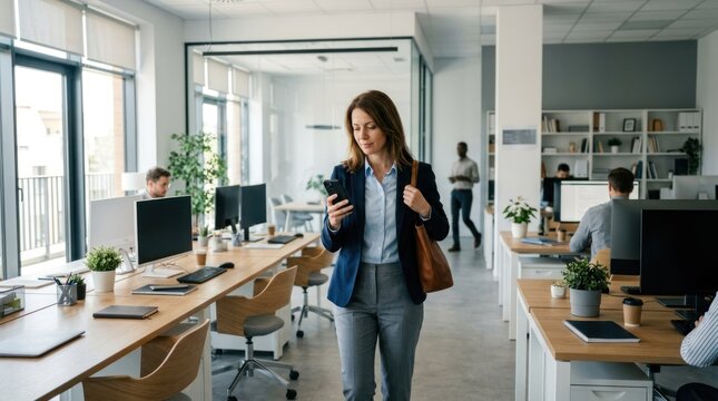 A businesswoman walking through an office with a smartphone in her hand.