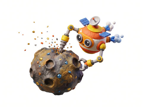 3D isometric claymation cute space mining drone character drilling floating asteroid with mineral particles explosion, space technology and asteroid mining concept on white
