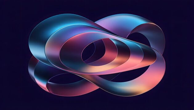 Iridescent twisted ribbon infinity knot. Technology and innovation concept. Metallic chrome mobius loop rotating against dark backdrop