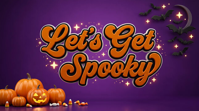 Let's Get Spooky Halloween Banner with 3D Typography Pumpkins Jack O Lantern Bats Moon Stars Purple Background for Social Media Posts Design