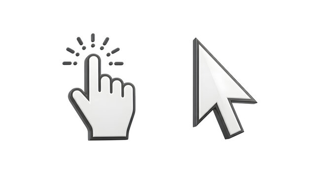 Hand cursor and computer mouse pointer icons on a white background