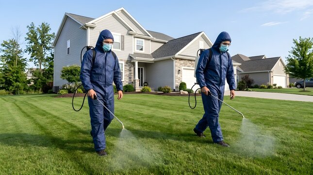 Professional pest control specialists in blue protective suits and masks spraying liquid pesticide or fertilizer on a lush green lawn in front of a modern suburban residential house.