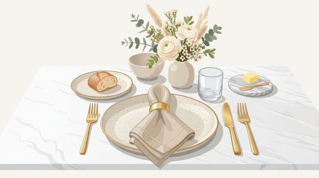 A table setting with a white marble tablecloth, a floral centerpiece, and various tableware items.