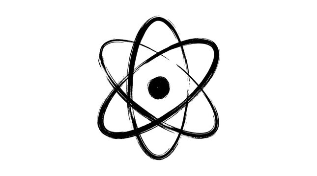 Hand drawn atom symbol illustration representing nuclear physics and scientific research on a white background