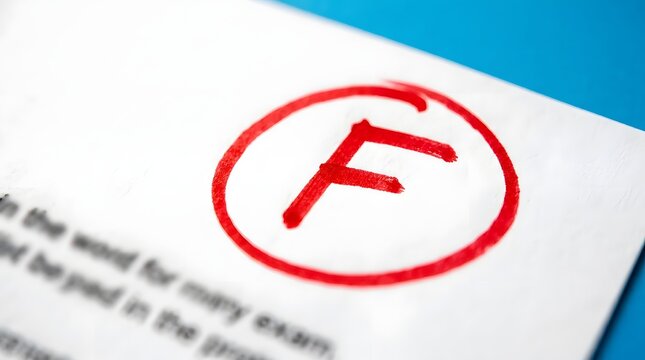 Macro view of a failing grade letter F circled in red marker on a white exam paper or test result sheet, symbolizing academic failure, low performance, and educational assessment challenge.