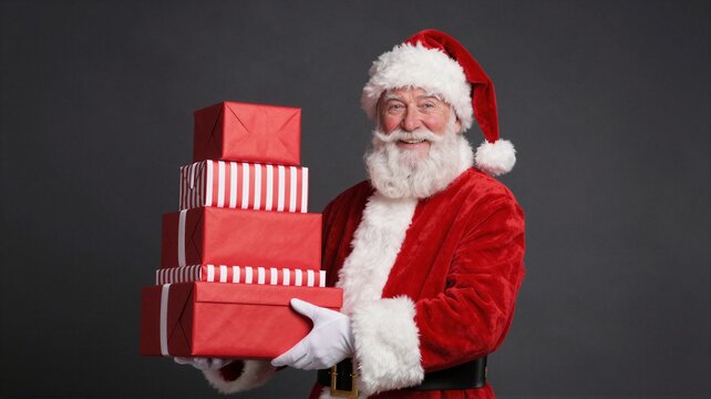 Elderly man in Santa costume holding stack of red wrapped gifts with smile on dark background, with santa, santacostume, beard, whitebeard detail