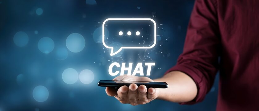 Hand holding smartphone with glowing chat bubble icon and chat text