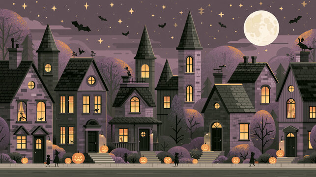 Modern illustration of a magical Halloween street with a full moon, stars, and bats. White background makes it perfect for seasonal branding and decorations
