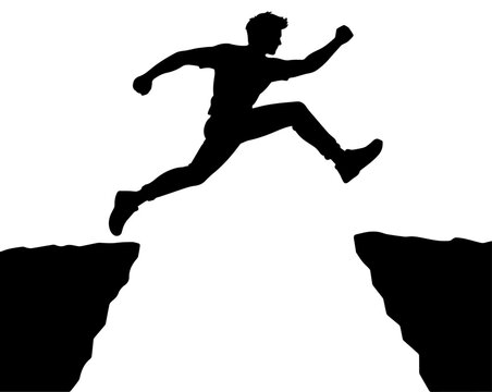 Silhouette of a Man Jumping Over a Gap Between Two Cliffs Representing Success and Overcoming Challenges Vector Illustration