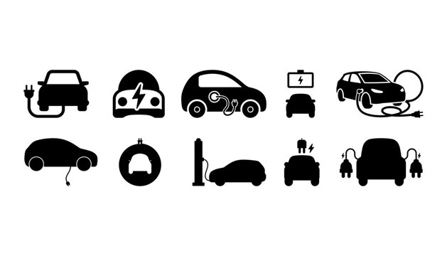 Electric vehicle icon set, black silhouette EV car charging symbols vector collection, modern eco transport glyphs